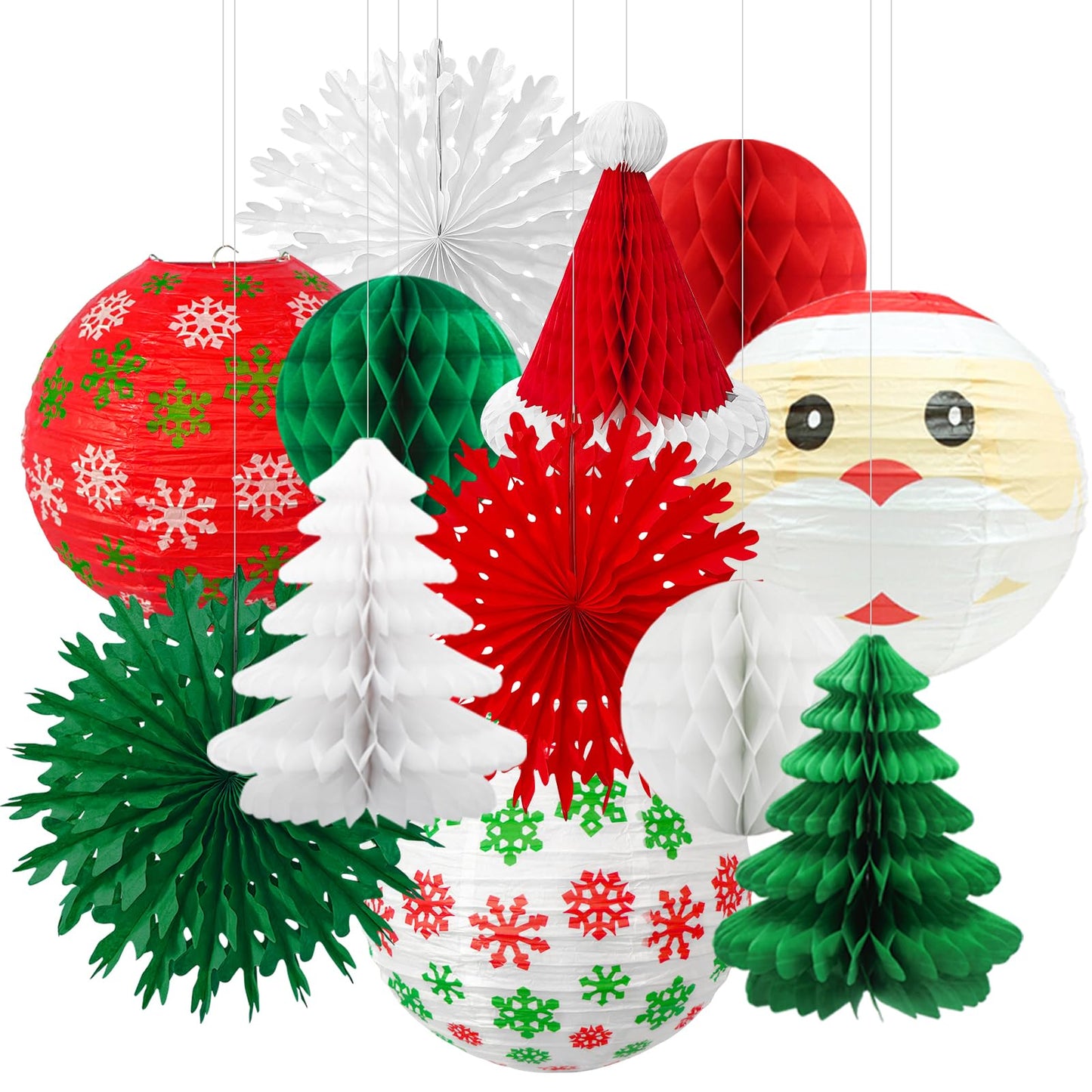 Christmas Honeycomb Paper Lantern Decoration Set, Hanging X-mas Party Supplies Including Christmas Hat, Trees Honeycomb Balls Lanterns, Paper Fans for Holiday XMAS Party Decor