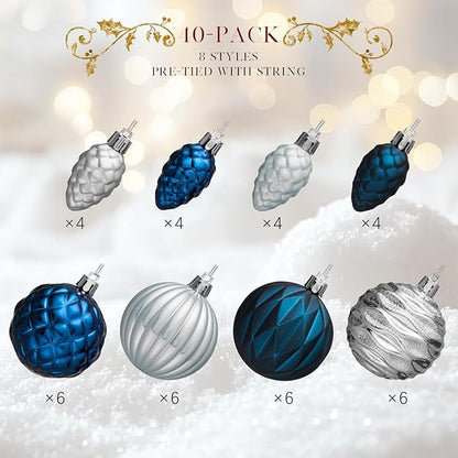 JORNOY Blue and Silver Christmas Tree Ornaments - 2.36inch/60mm Shatterproof Ornaments for Christmas Tree Set Plastic Decorative Hanging Balls Ornaments for Xmas Tree Decorations, 40ct (Blue & Silver)
