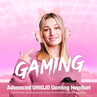 UNIOJO Pink Gaming Headset Noise-Canceling Mic, Wired Over-Cat Ear Headphones, Surround Sound, LED Breathing Light, Memory Foam Ear Pads, for Xbox Series, PS5, PS4, Switch, PC, Mobile
