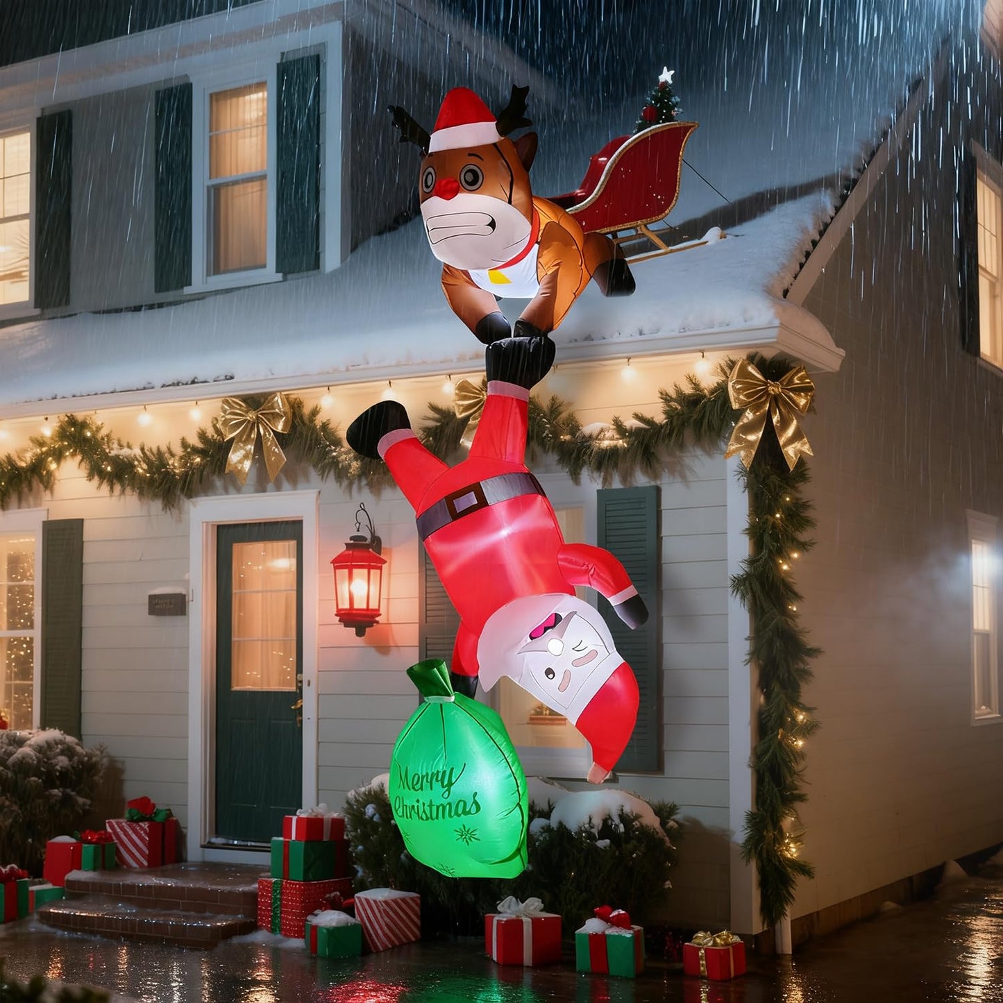 8FT Hanging Christmas Inflatable Outdoor Decoration,Christmas Inflatables Reindeer Pulling Climbing Santa and Falling Gift Box Bags with Build-in LED Lights for Holiday Party Roof Balcony Window