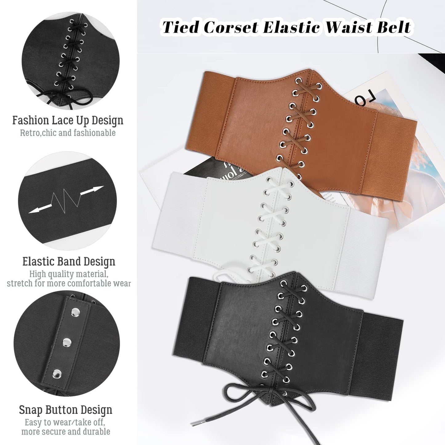 JASGOOD 3 Pack Women’s Elastic Costume Waist Belt Lace-up Tied Waspie Halloween Corset Belts for Women