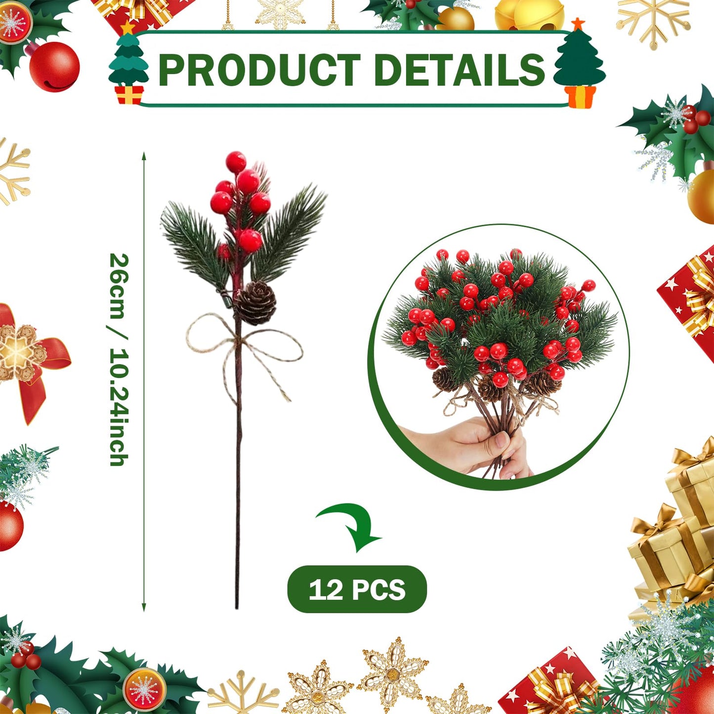 Ledoira 12Pcs 10’’ Christmas Pine Picks Artificial Needle Branches with Pinecones Red Berry Picks Fake Branches for Flower Arrangements Wreath Crafts Holiday Xmas Tree Decorations