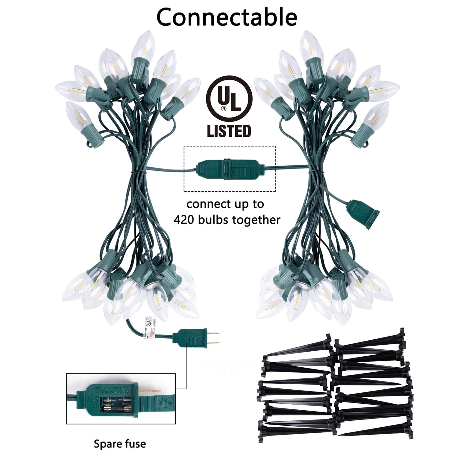 Brightown C9 Christmas Lights Outdoor, 4 Packs Total 103 Ft Christmas Pathway Lights with 80 LED Bulbs and Stakes, Connectable Outdoor Christmas Decorations Yard Walkway Sidewalk Holiday, Warm White