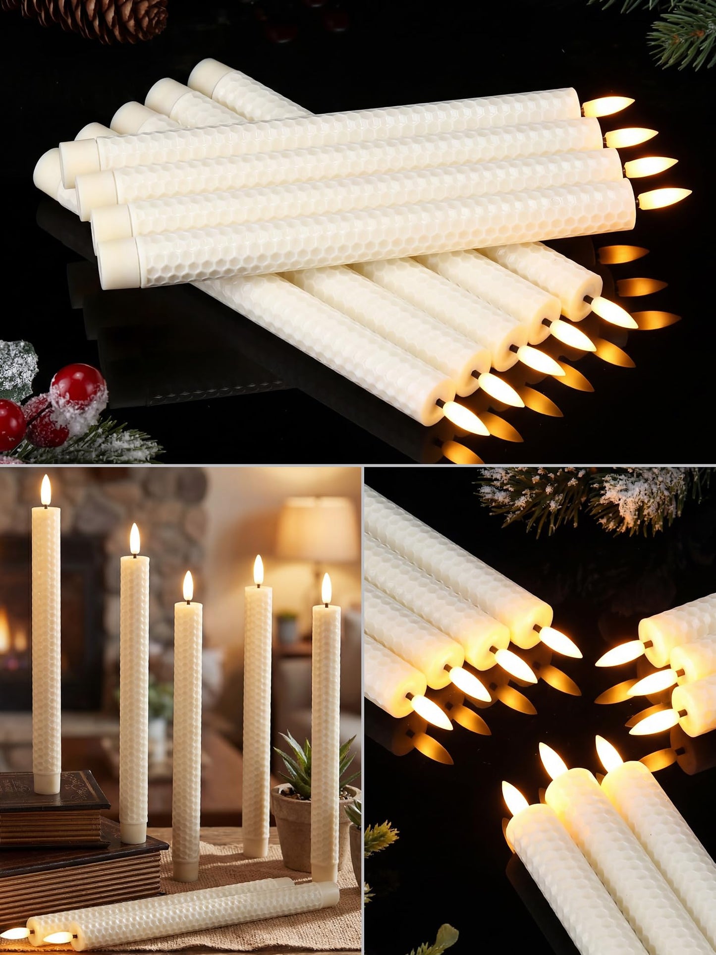 Treela 24 Pcs Flameless Taper Candles Battery Operated Bulk Fake Candles Light LED Candle Sticks Flickering Tapered for Easter Wedding Anniversary Decoration(Honeycomb,10 Inch,Ivory)