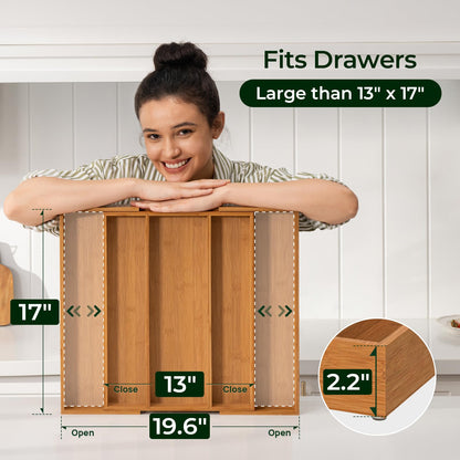 Carbonized Bamboo Kitchen Drawer Organizer, 8 Slots Silverware Organizer, Utensil Holder & Cutlery Tray, 2.2" Deep for Extra Capacity, Non-Slip Feet Included