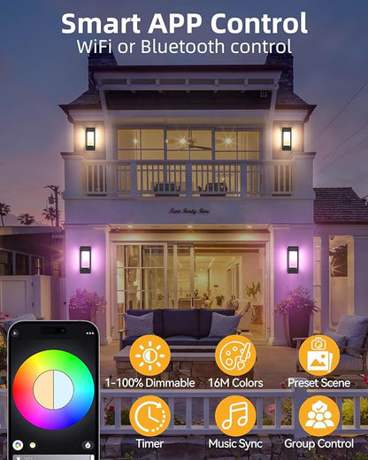 Smart Outdoor Wall Light, RGB Color Changing Sconce with App & Voice Control, Dusk to Dawn Outdoor Lighting, Adjustable 2700K–6500K, Waterproof Exterior Light Fixture for House Porch Garage, 2 Pack