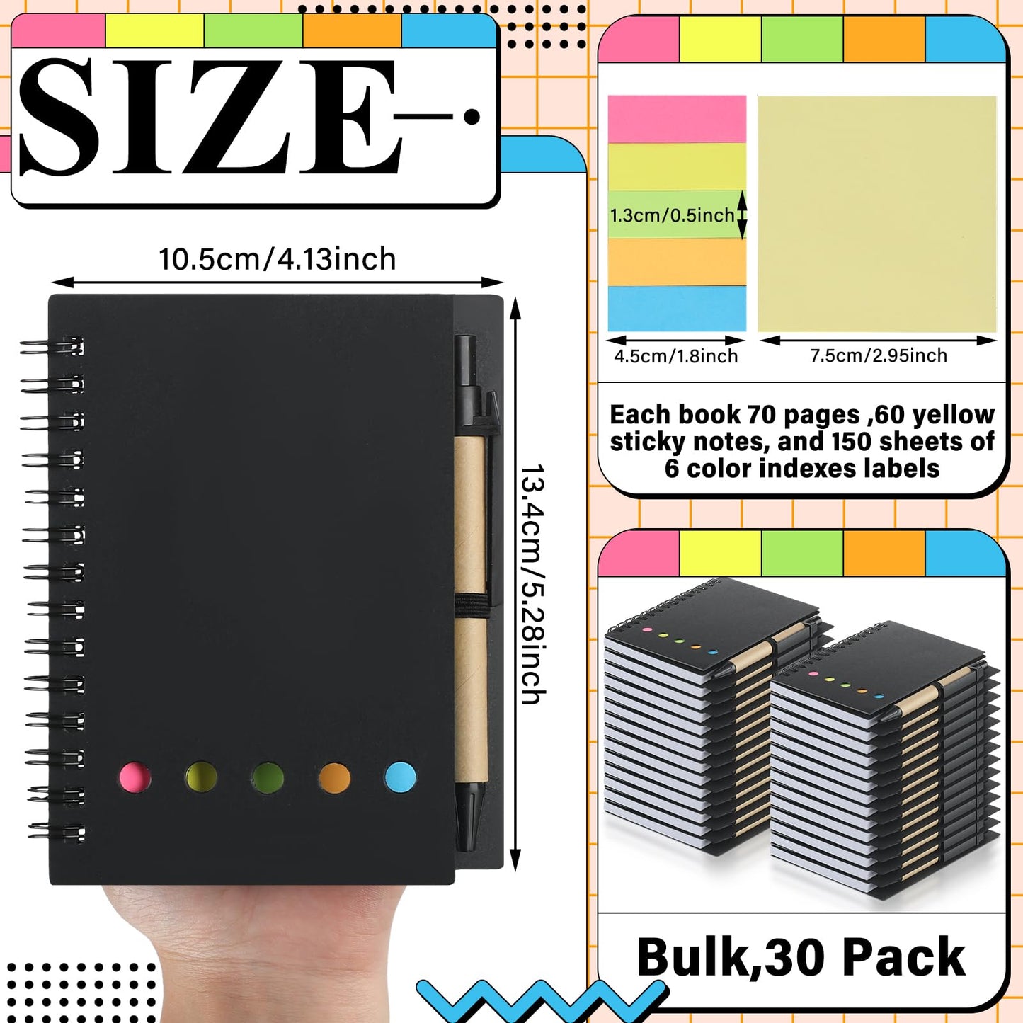 Qilery 30 Pack Lined Spiral Notebook Small Notepad and Pen Set Steno Pads Lined Notepad Black Pocket Notebook for Business Office School Supplies