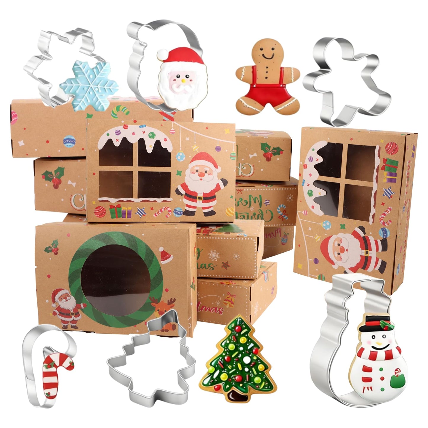 12pcs Christmas Cookie Boxes with 6 Cookie Cutters Shapes, Santa,Tree,Snowflake,Candy Cane,8 x 5.5 x 2.36 In Bakery Pastry Box,Food Container,Kraft Paper Treat Boxes for Gift,Christmas Party Supplies