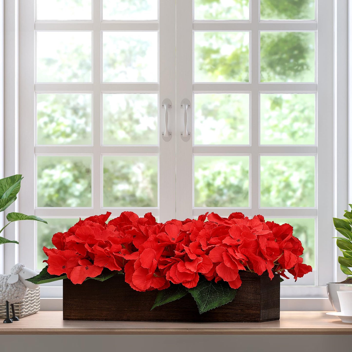 Scawim Flower Table Centerpiece, Artificial Hydrangea Arrangements Centerpieces Fake Flowers Decor Wood Tray with Faux Flower Wedding Bouquets Room Kitchen Farmhouse Indoor Office Party(Red)
