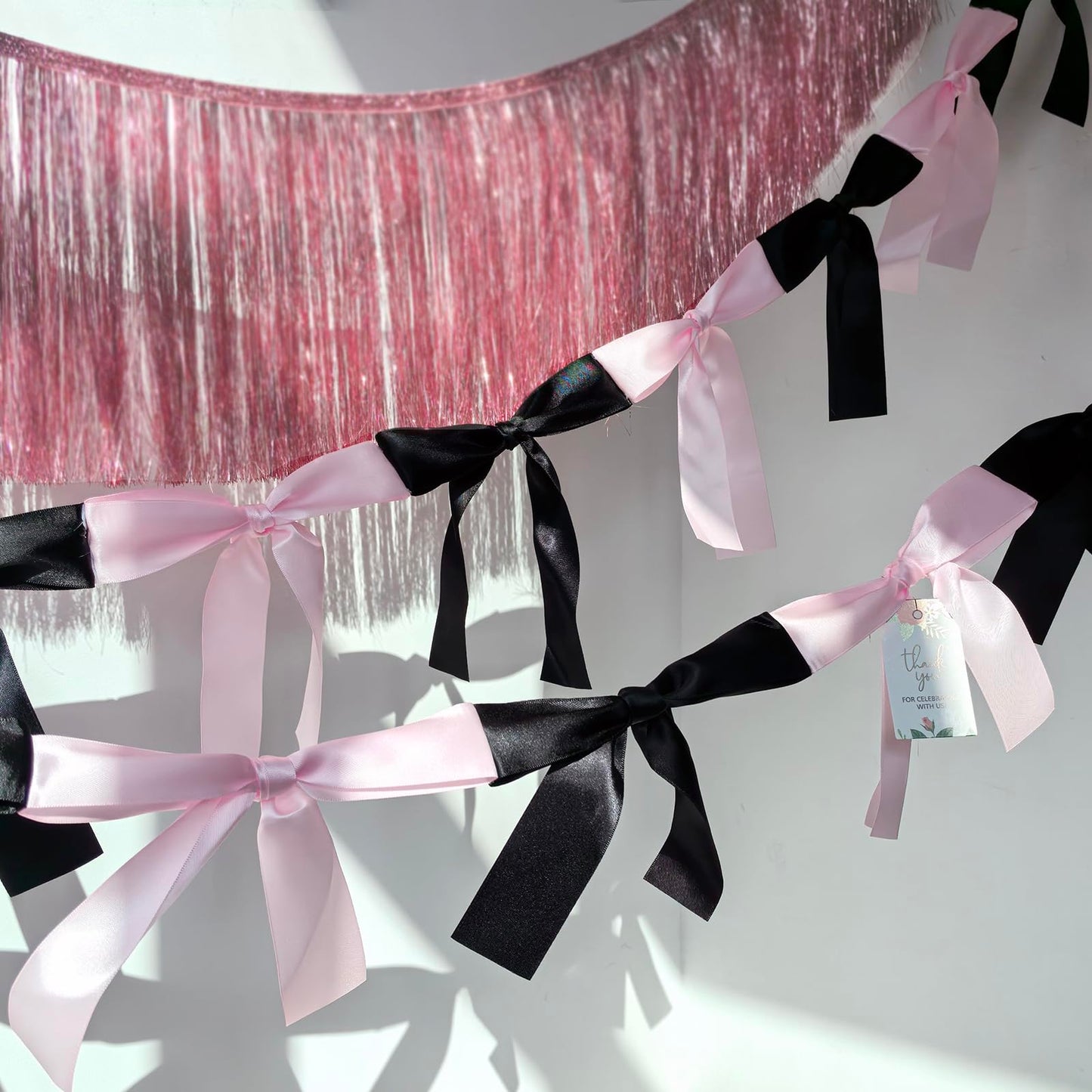 Eanjia Pink & Black Satin Bow Garland 6FT | Coquette & Cowgirl Birthday Banner, Pre-Tied Ribbon Bow Knot Decoration for Girls, Bridal Shower, Baby Room & Party Backdrop Decor