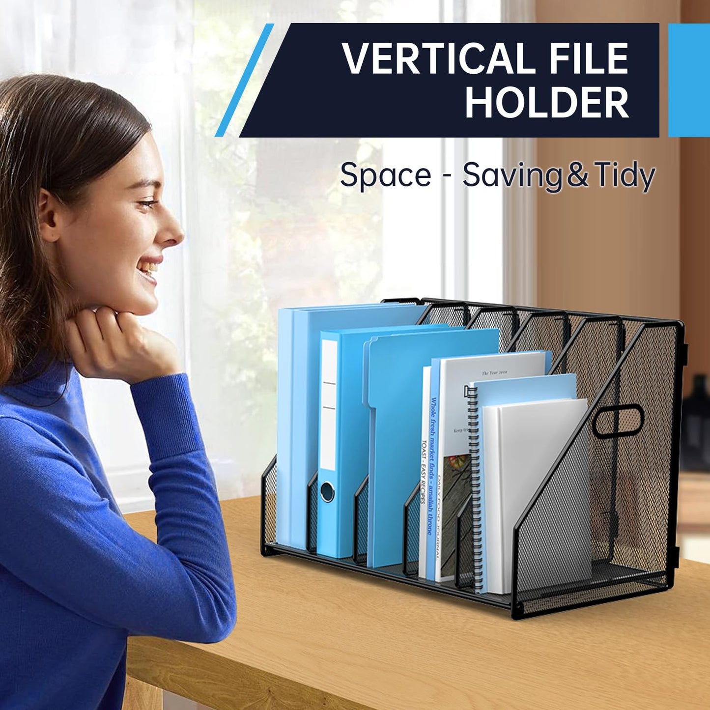 MINDEPOT Desk File Organizer Metal Desk Magazine Folder Holder with 5 Vertical Compartments Rack File Organizer for Office, Home, School, Black