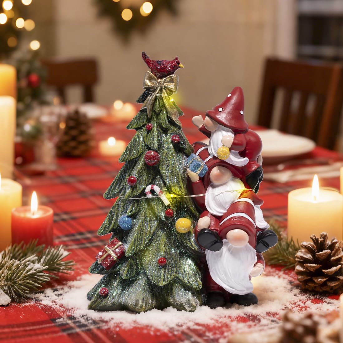 Hodao Christmas Tree Figurine Decorations — Lighted Hand-Painted Resin Gnomes Climbing with Cardinal, Tabletop Decor for Family or Friends | Mantel, Shelf, Living Room Display
