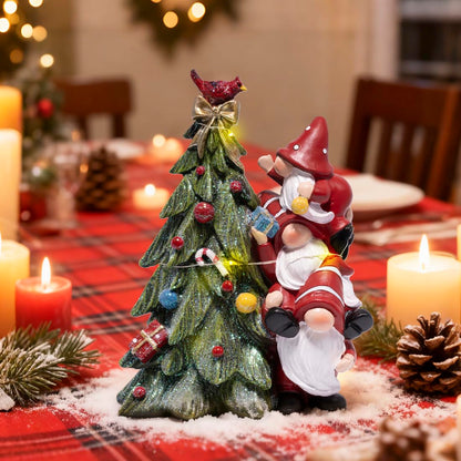Hodao Christmas Tree Figurine Decorations — Lighted Hand-Painted Resin Gnomes Climbing with Cardinal, Tabletop Decor for Family or Friends | Mantel, Shelf, Living Room Display