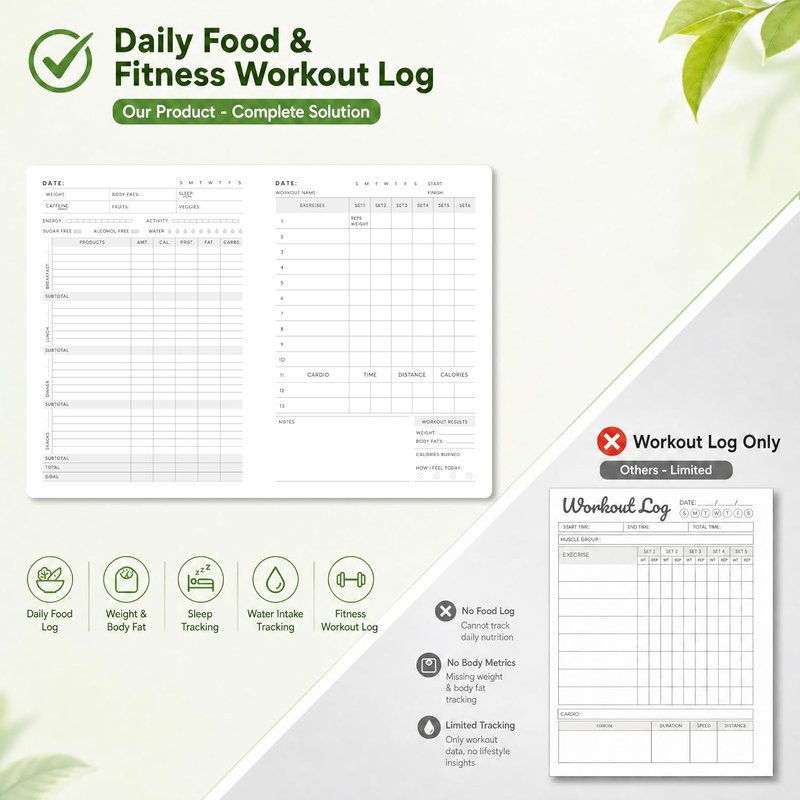 Workout and Food Journal - Fitness Tracker & Exercise Log Book | A5 Size, Leather Hardcover (Black)