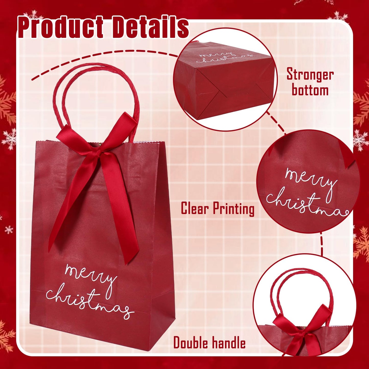 JarThenaAMCS 48Pcs Merry Christmas Kraft Paper Gift Bag with Bow Red Green Treat Bags with Handles Candy Goodie Bags for Winter Xmas Holiday Birthday Wedding Party Favors Supplies