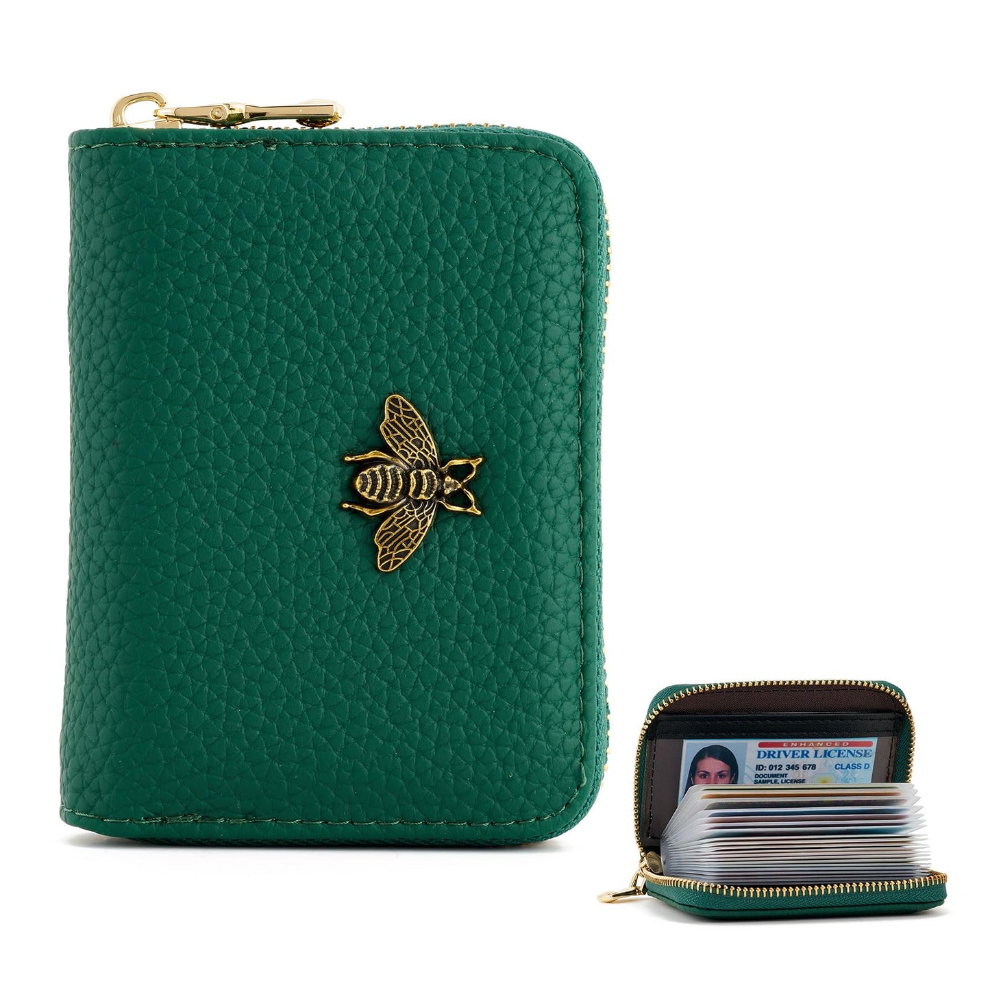 WOZEAH Leather Credit Card Holder for Women Wallet RFID Blocking Zipper Wallet Card Case Business（Green）