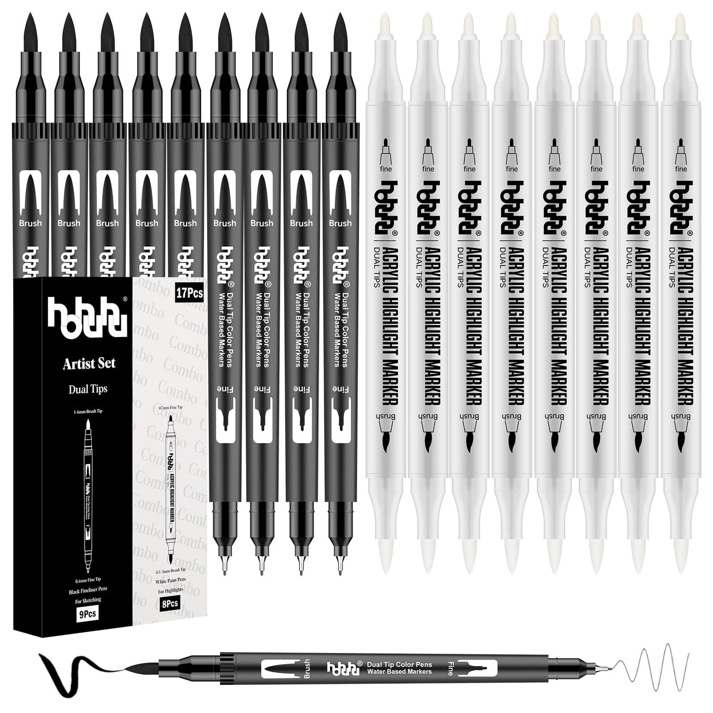 hhhouu 17Pack Dual Tip Black & White Brush Pens- Fineliner & Highlighting Set for Artists, Illustrators & Comic Drawing Smooth Ink Flow, Smudge-Free HO-17BW