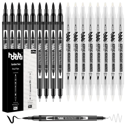 hhhouu 17Pack Dual Tip Black & White Brush Pens- Fineliner & Highlighting Set for Artists, Illustrators & Comic Drawing Smooth Ink Flow, Smudge-Free HO-17BW