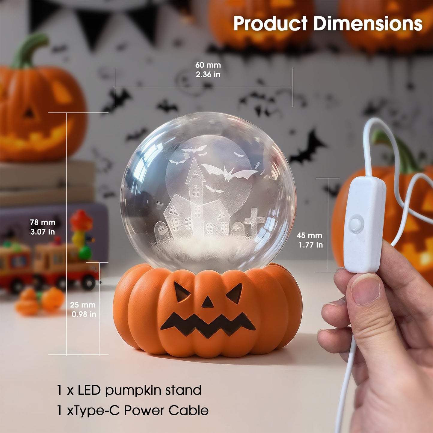 L LOHAS LED 3D Crystal Ball Night Light-Laser Engraved Haunted House Bat with Pumpkin Base,Cute & Funny Halloween Night Light for Kids, 3000K Warm White for Halloween Party Decor