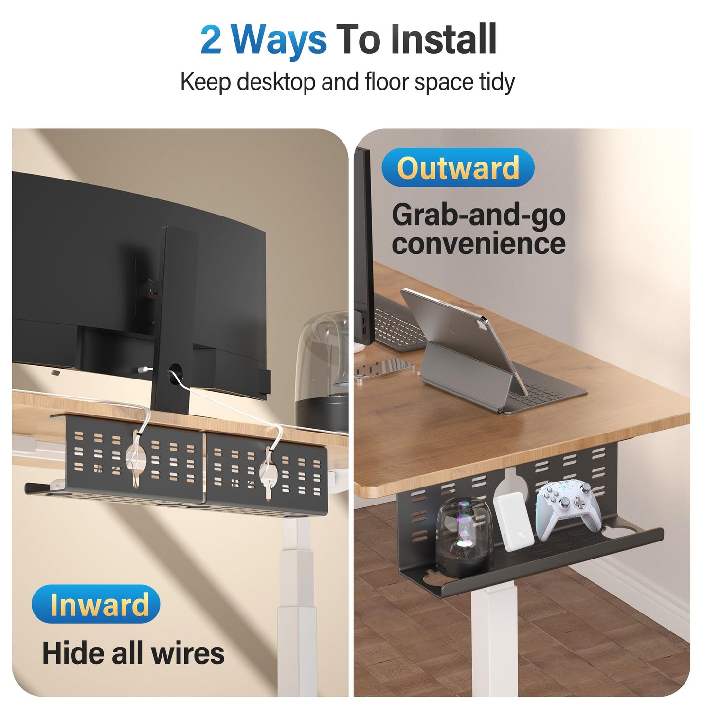 2 Pack Cable Management Under Desk Black, Cinati 32" Large Cable Management Tray, Under Desk Alloy Steel Wire Organizers, Cord Hider Tray for Office and Home - Tape or Screw Installation