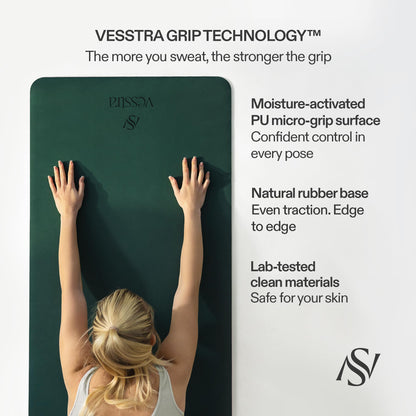 Vesstra Premium Yoga Mat – Sweat-Activated Non-Slip PU Grip I Natural Rubber Base I 4mm for Yoga, Pilates & Workouts