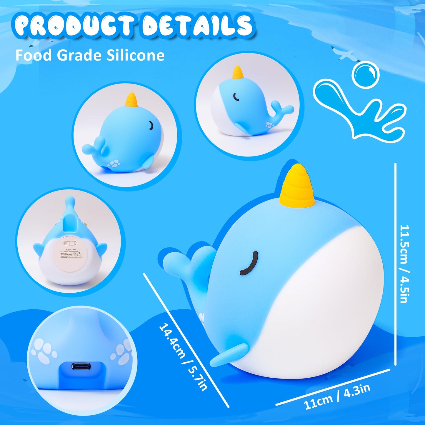 Ammonite Blue Narwhal Night Light, Soft Silicone Whale Nursery Lamp with 3 Dimming Levels and 30-Minute Timer, Touch Control Nightlight for Bedroom Decor, Christmas Birthday Gift