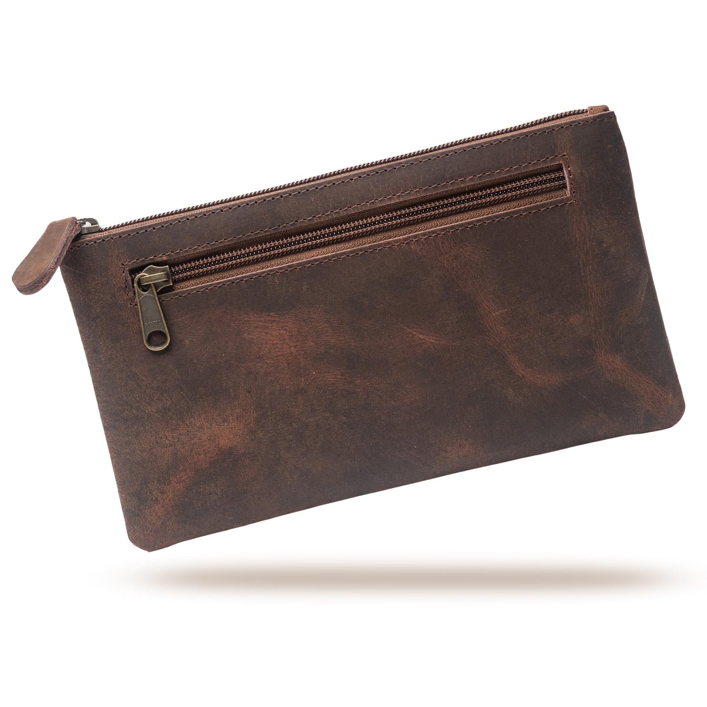 WANDERINGS Genuine Leather Pencil Pouch Case 9" x 5.25" - Hand Crafted Brown Leather Zipper Pouch - Slim Pencil Case Holder for Men and Women - Pencil Bag for Artists Students Professionals