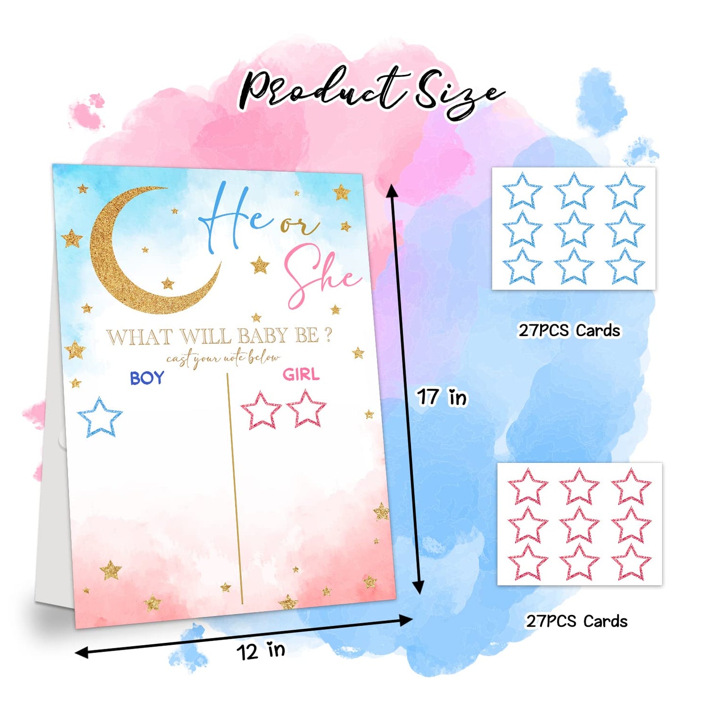 LNOKRIM Gender Reveal Party Games, Twinkle Little Star Theme Baby Gender Reveal Voting Board Sign, 48 Boy Girl Voting Stickers, He or She, Gender Reveal Party Centerpiece Decorations (12x17)