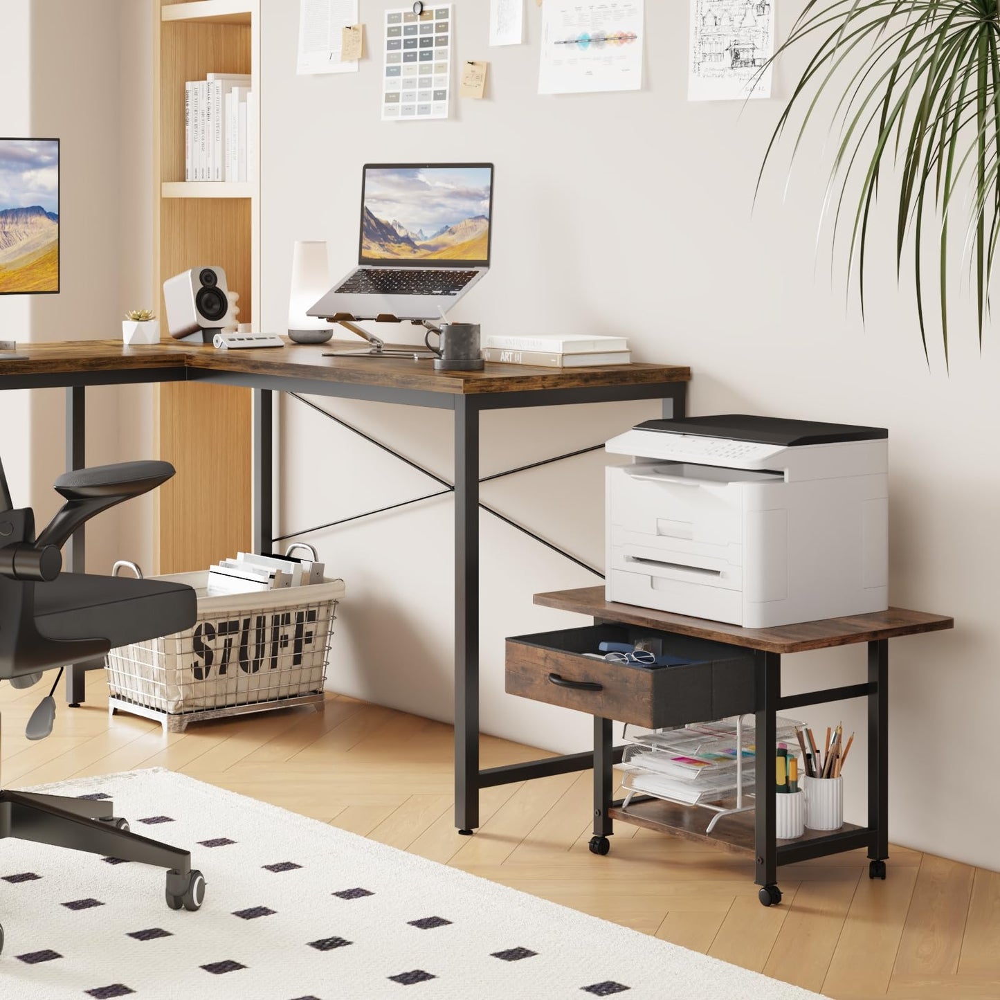 YAOHUOO Large Printer Stand with Storage Drawer, 2-Tier Under Desk Table for Home Office, Fits Fax Machine/3D Printer/Scanner (Brown)