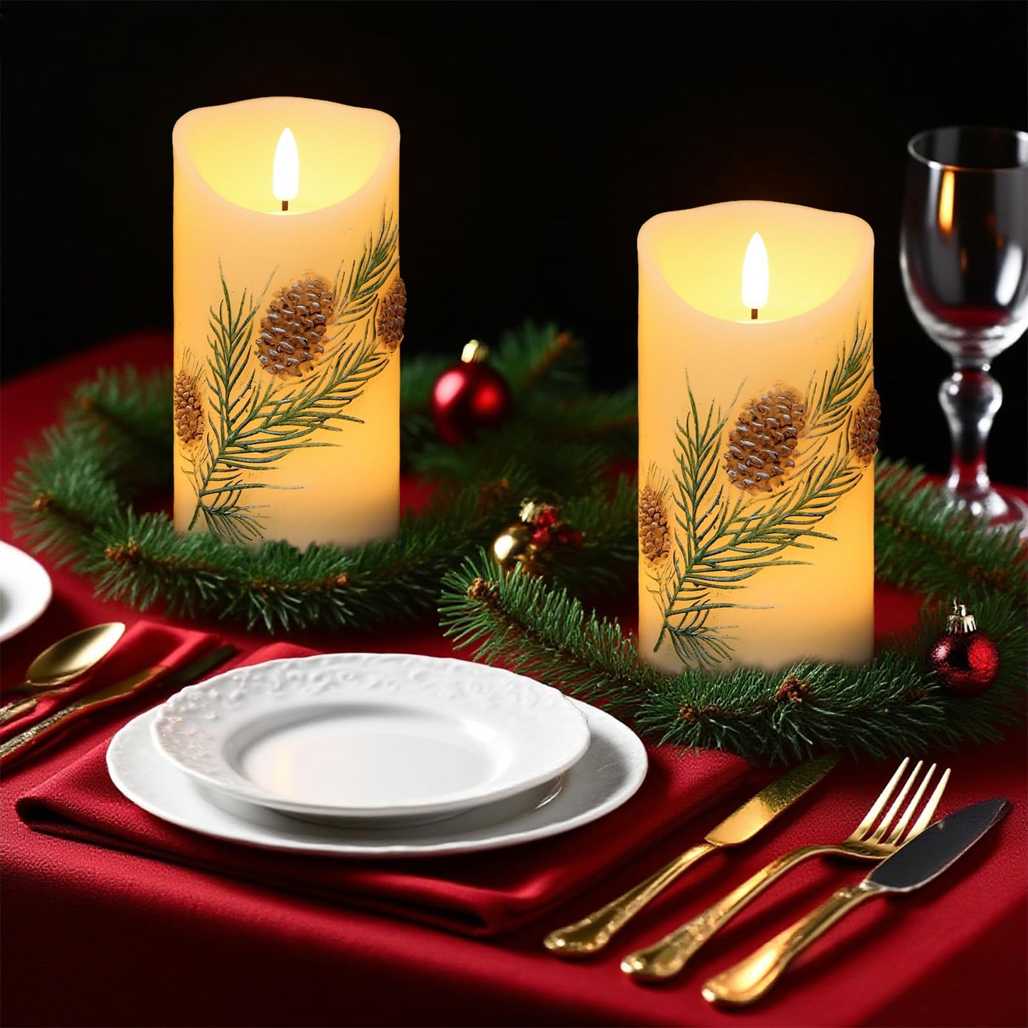 DRomance Pinecone Flameless Flickering Candles Battery Operated with 6H Timer 3D Wick LED Pillar Candles Real Wax Hand-Painted Dinner Holiday Christmas Indoor Decoration(2 Pack, 3" D x 5.7" H)