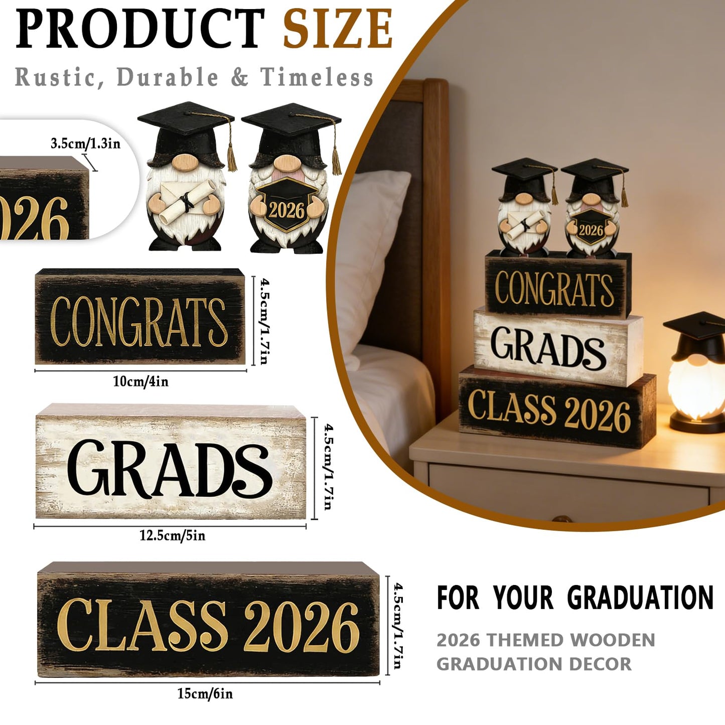 2026 Graduation Table Decorations Class of 2026 Senior Tiered Tray Decor Wooden Gnome Block Signs Farmhouse Congrats Grad Tabletop Party Centerpiece for Tables Wooden Sign for Home Decor