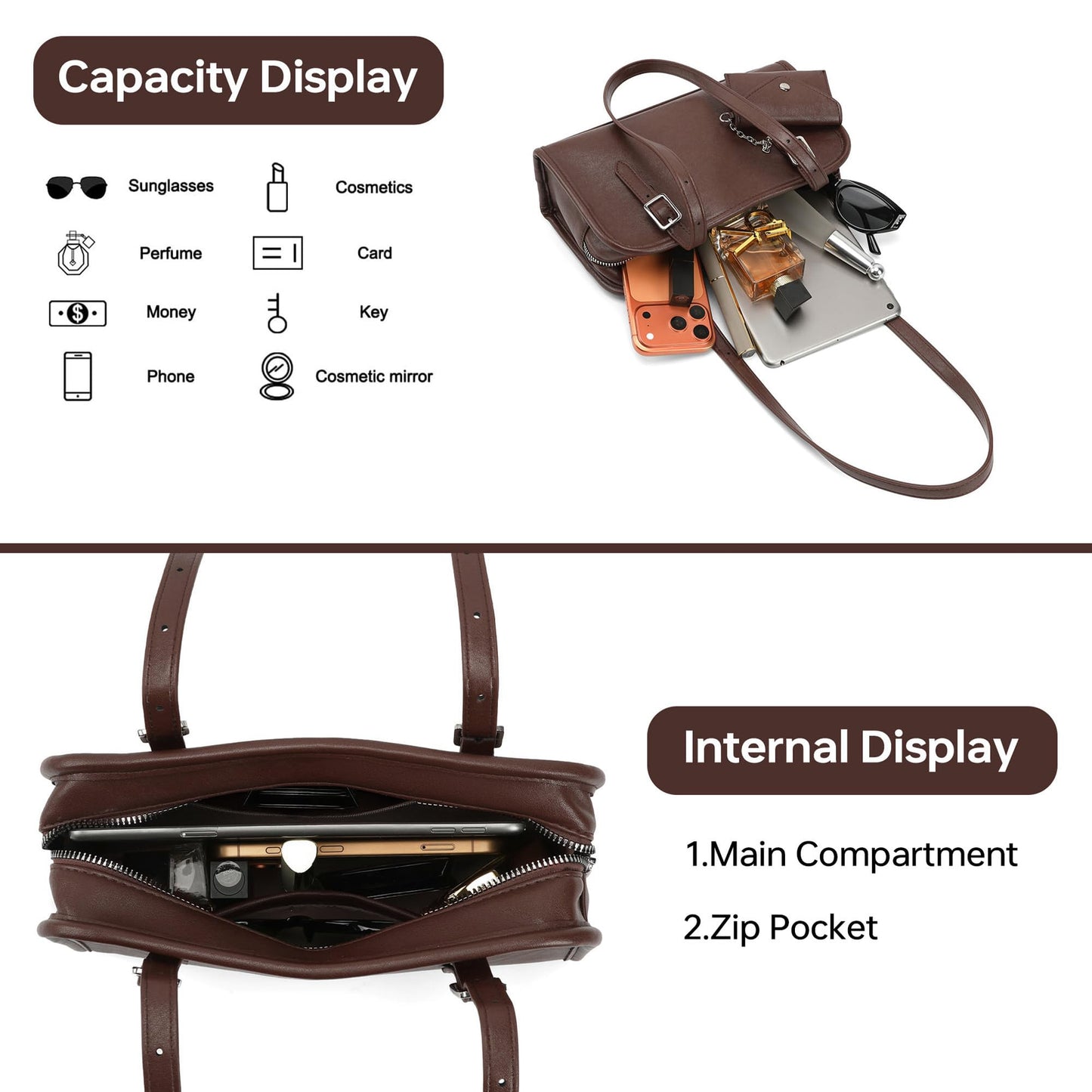 Goinsound Swing Zip Shoulder Bag Small Swing Purses Bowler Bag Brown Shoulder Bags for Women with Adjustable Strap