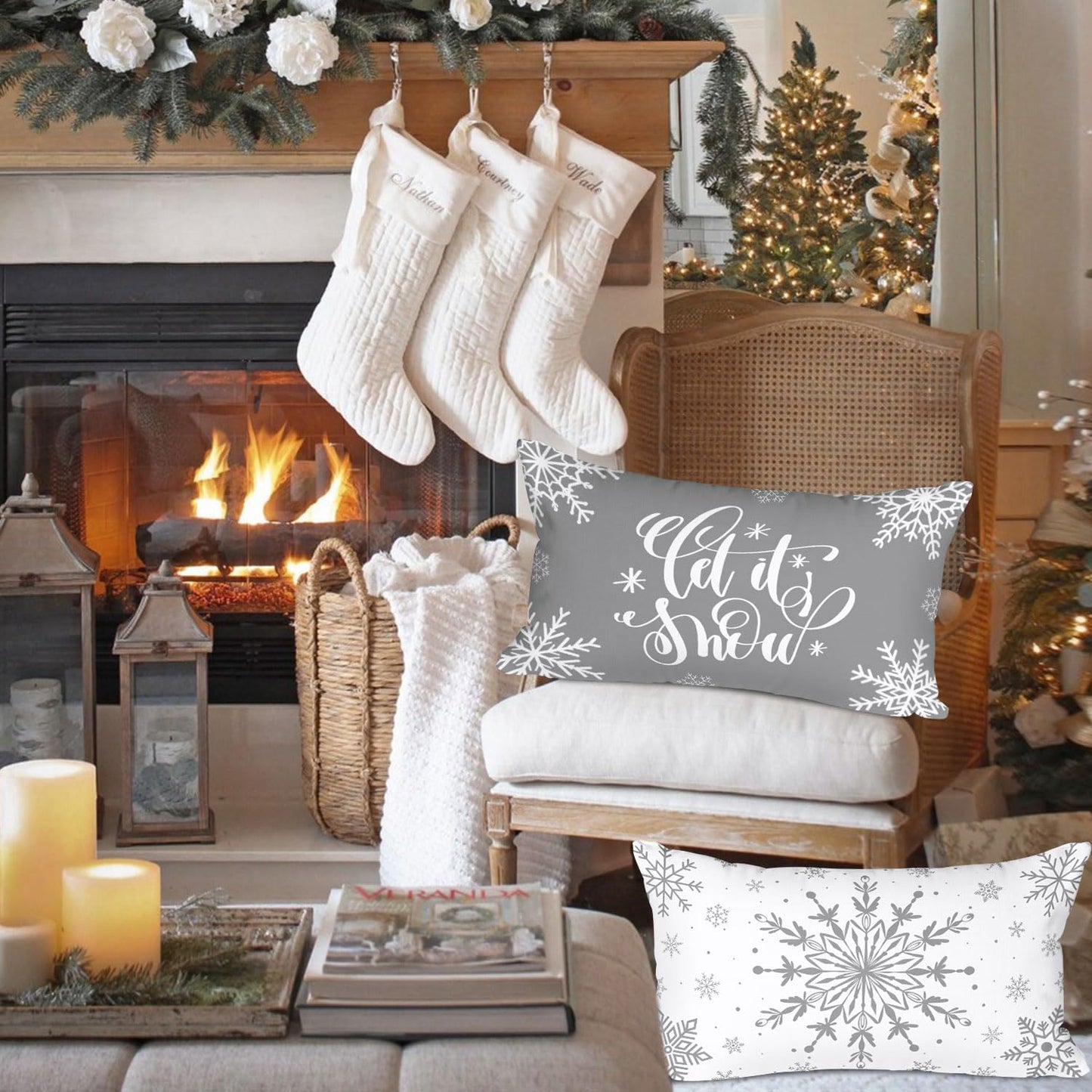 Lanpn White and Grey Christmas Lumbar Throw Pillow Covers 12x24 Set of 4, Decorative Long Gray Winter Snowflake Xmas Cushion Covers Pillow Cases for Home Bedroom Room Holiday Couch Decor Decorations