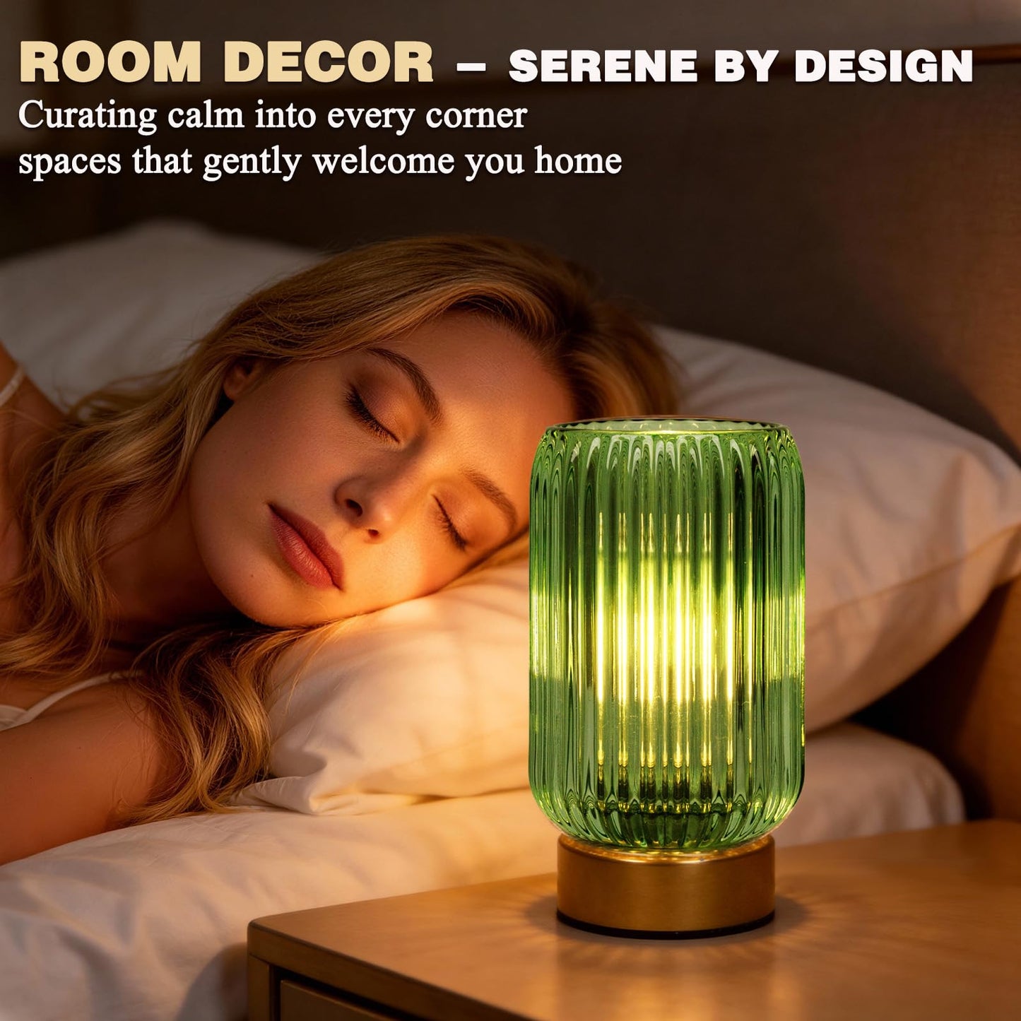 MJ PREMIER Cordless Lamp, Battery Operated Lamp with Timer, Green Glass Lampshade, Small Table Lamps for Area No Plug, Decorative Led Light for Bedroom Living Room Shelf (Green)