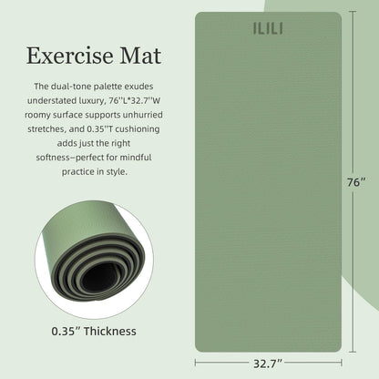 ILILI Yoga Mat Thick Soft Exercise Mat for Home Gym, Anti-Tear Cushioned Mat for Men Women, 76"x32.7"x0.35" for Stretching, Pilates (Grass Green+Black)