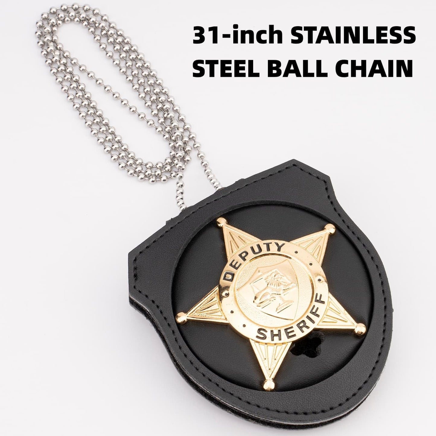TT TYTX Police Badge Holder (Badge Not Included), Leather Universal Sheriff Badge Holder with Belt Clip, Hook and Loop Closure and Round Neck Stainless Steel Chain (Circle 2.7 Inch)