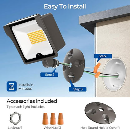 CINOTON 55W LED Flood Light 3CCT (3000K/4000K/5000K), 7700LM Dusk-to-Dawn Photocell Outdoor Security Lighting, 120V IP65 Aluminum Wall Pack for Porch/Barn, 180° Knuckle Mount, 2 Modes, ETL, 2 Pack