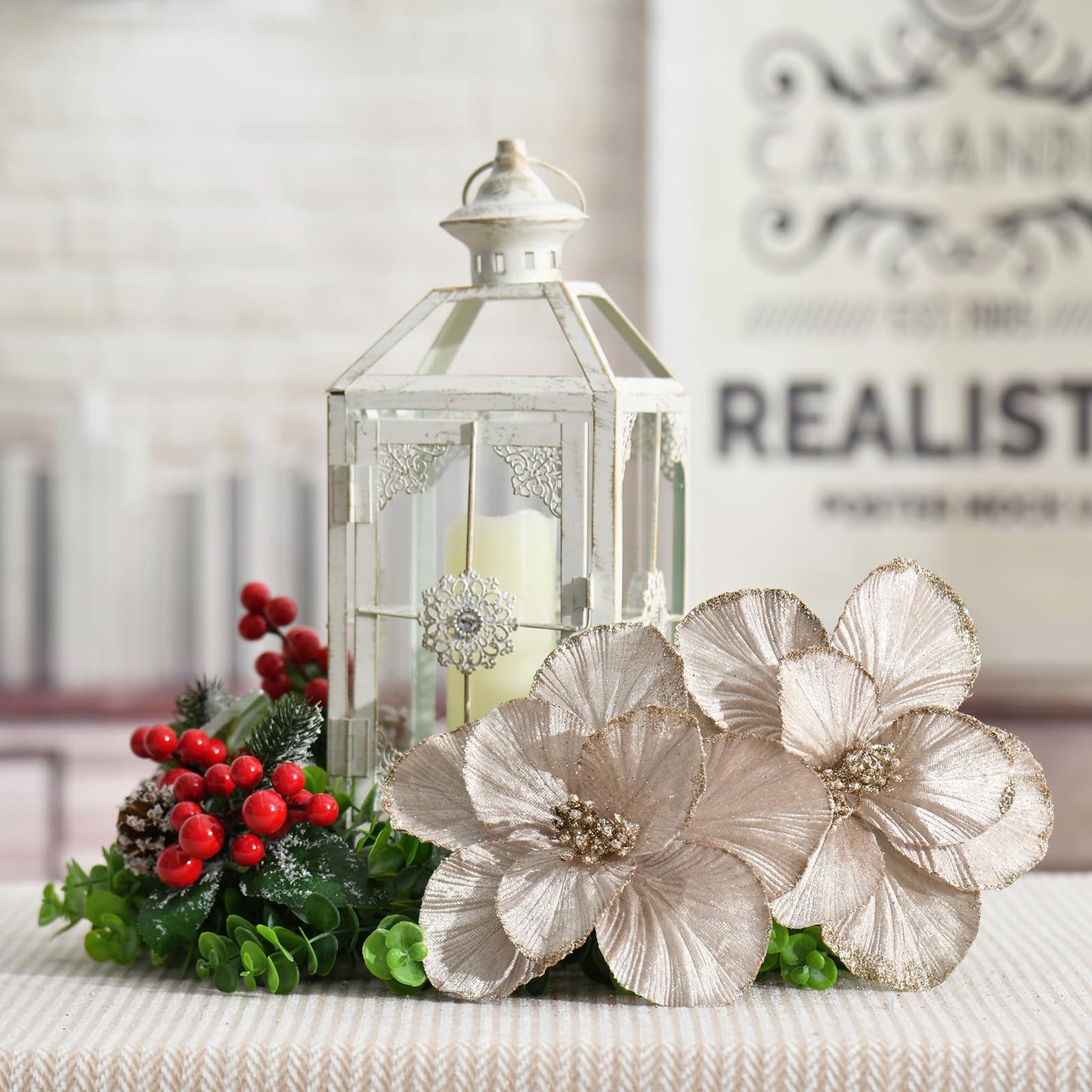 YSZL Christmas Poinsettias Artificial Magnolia Flower Ornaments Floral Picks Stems Christmas Tree Decorations Pack of 10 for Xmas Tree Party Wedding Centerpiece (Champagne)