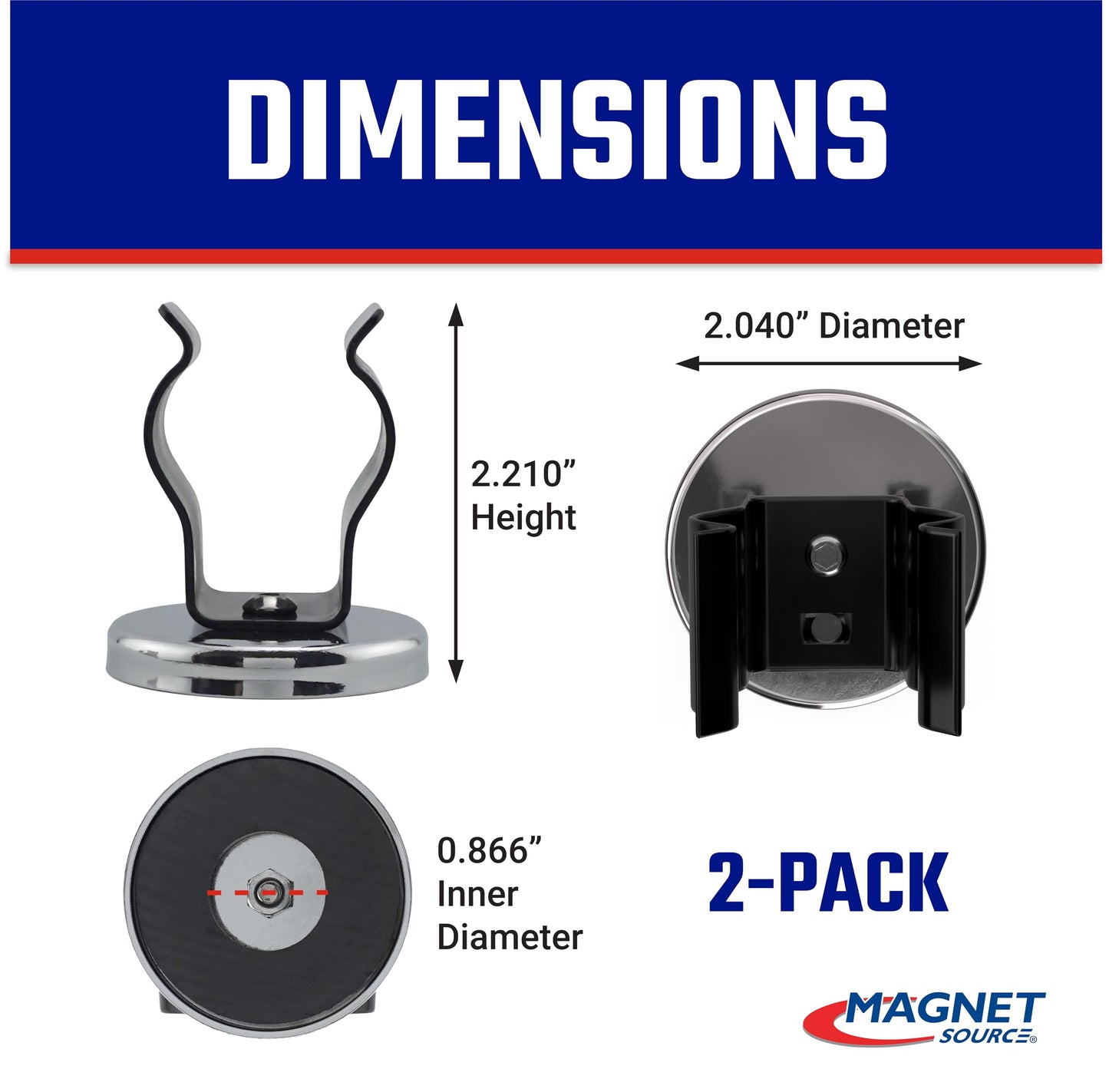Master Magnetics Ceramic Round Base Magnet with Black Spring Clamp Pack - Heavy-Duty Strong Magnets - 35 lb Pull Each - Nickel-Plated - 2.04" D - 2.210" H - 2-Pack