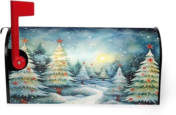 Festive Magnetic Mailbox Cover Christmas Forest Pattern Outdoor Mailbox Protector Holiday Seasonal Decorative Garden Yard Home Standard Size 21 x 18 Inch