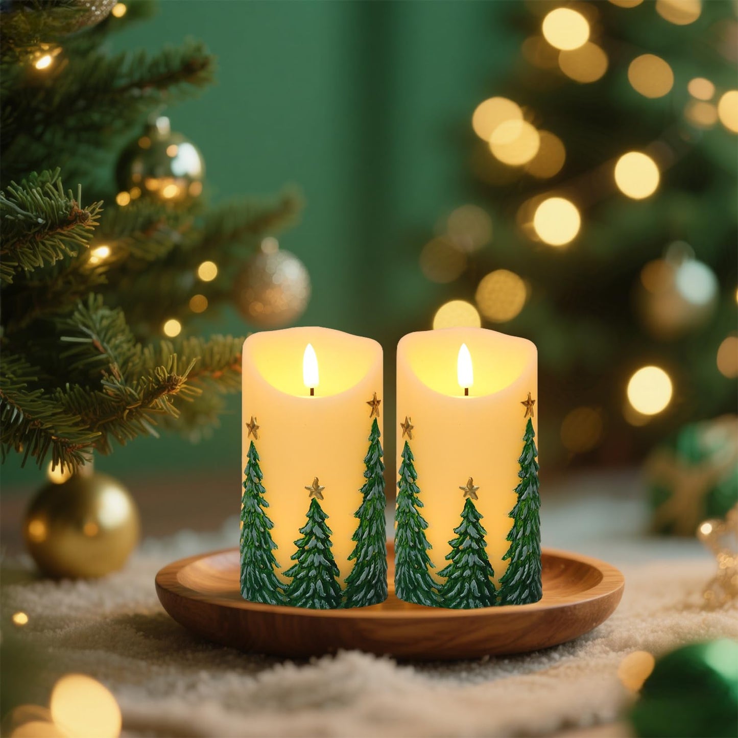 Eldnacele Christmas Flameless Candles with 6 Hour Timer Battery Operated Hand Painted Christmas Tree Real Wax 3D Wick Flickeirng LED Pillar Candle for Dinner Indoor Holiday Xmas Decor(2Pcs,D3×H5.7)