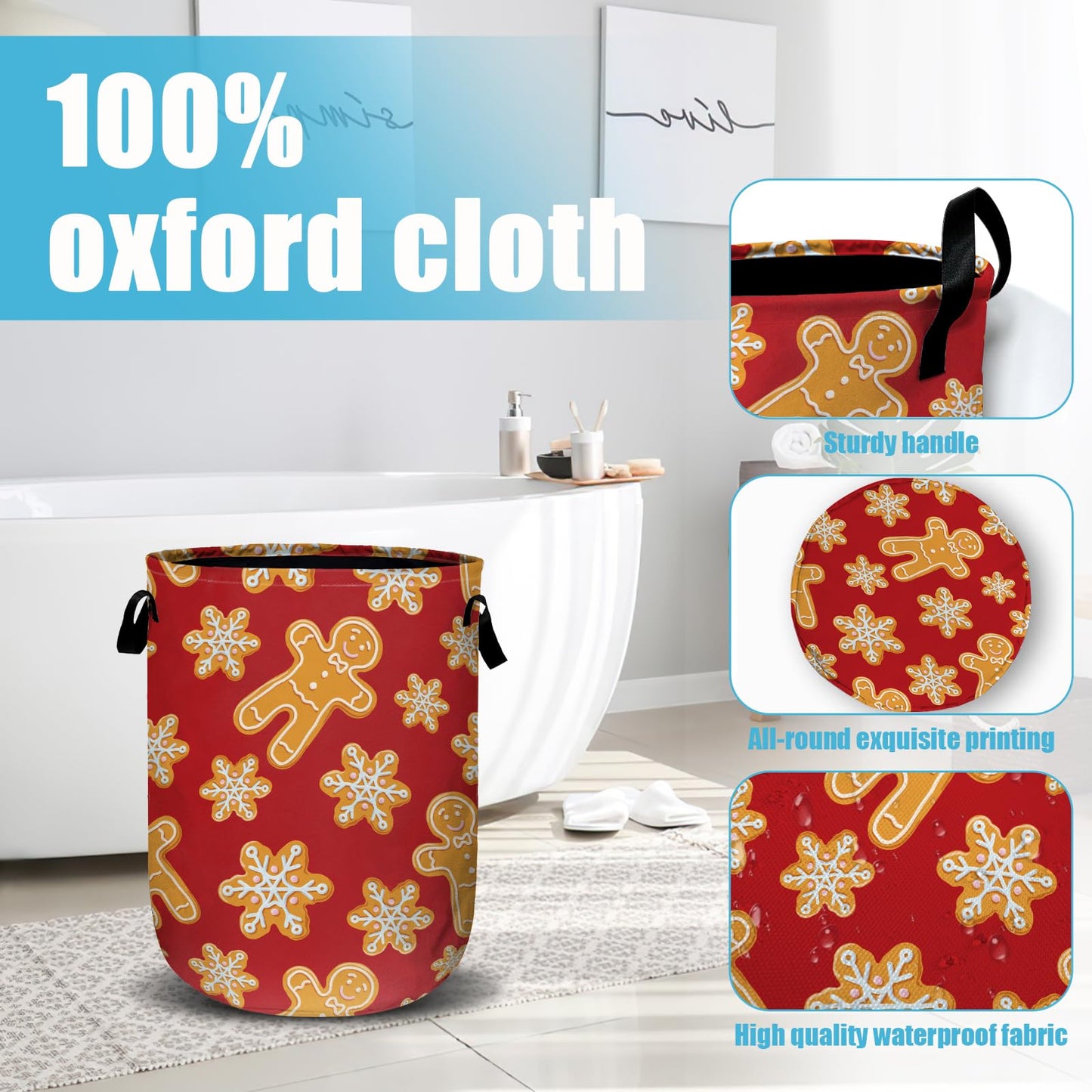 Red Gingersnap Laundry Basket, Christmas Laundry Hamper Collapsible Oxford Cloth with Handle Clothes Storage Bin for Bathroom Laundry Room Bedroom 15.7 X 20 Inch