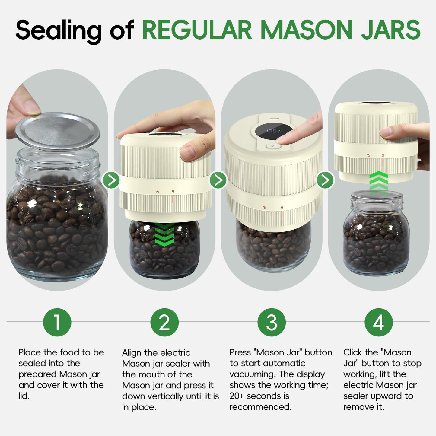 Mason Jar Vacuum Sealer Kit, Electric Sealer for Wide and Regular Mouth Mason Lids, Canning Vacuum Sealer Mason Jar, Automatic Vacuum Sealer Machine for Food Storage - Ivory