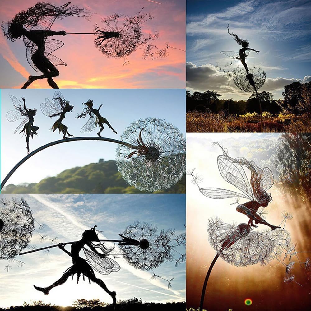 Fcteap Flower Fairy Dancing with Dandelion Garden Art Sculpture Stainless Steel Statue Christmas Halloween Decoration for Outdoor Yard Courtyard Lawn Patio Metal Ornaments (Long Travel)