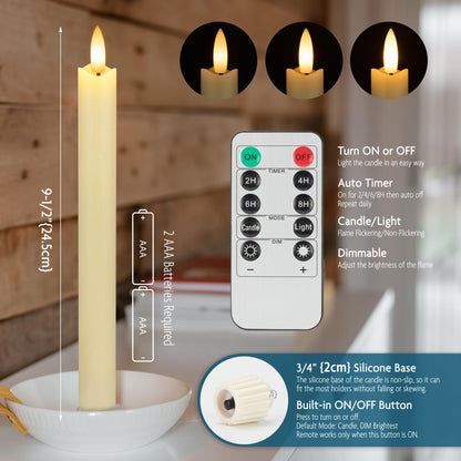 SEHNSY Flameless Taper Candles with Remote, Real Wax Battery Operated LED Candles with 3D Flickering Flame, 9.6" 3PCS Ivory Realistic Dripless Candlesticks for Home Wedding Decor, Mother's Day Gifts