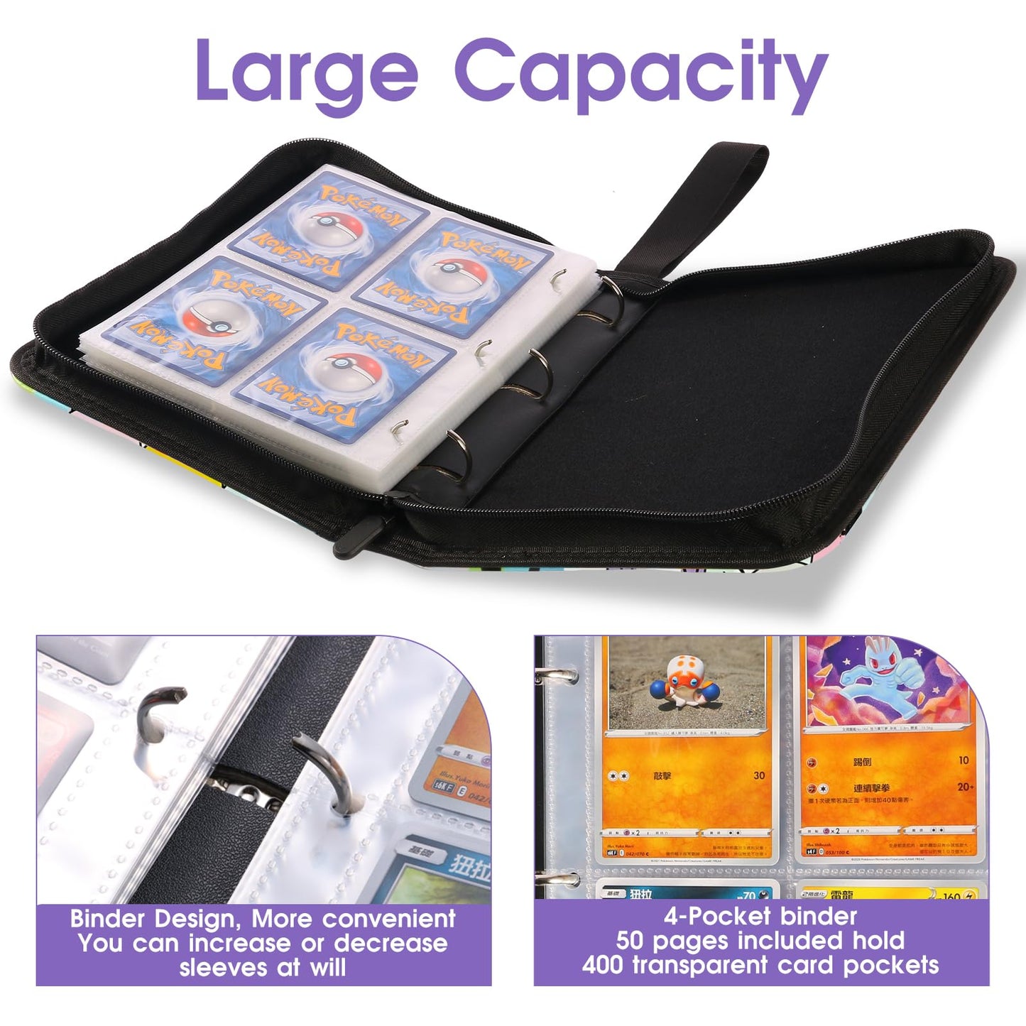 Trading Card Binder 4 Pocket with 50 Removable Sleeves, Card Holder Fits 400 Cards,Collection Album for Game Cards, Durable Collectible Storage Case for Girls and Boys(Penguin)