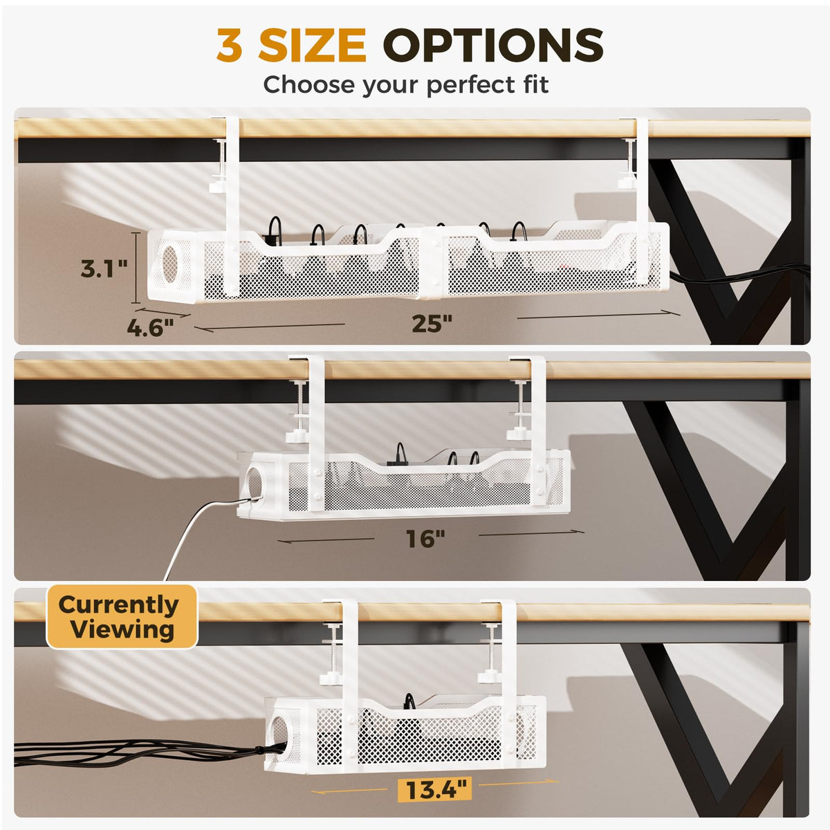 Under Desk Cable Management Tray White, Cinati Wire Organizers No Drill, Cable Tray with Clamp for Wire Management, Cord Organization Box for Office, Home - No Damage to Desk
