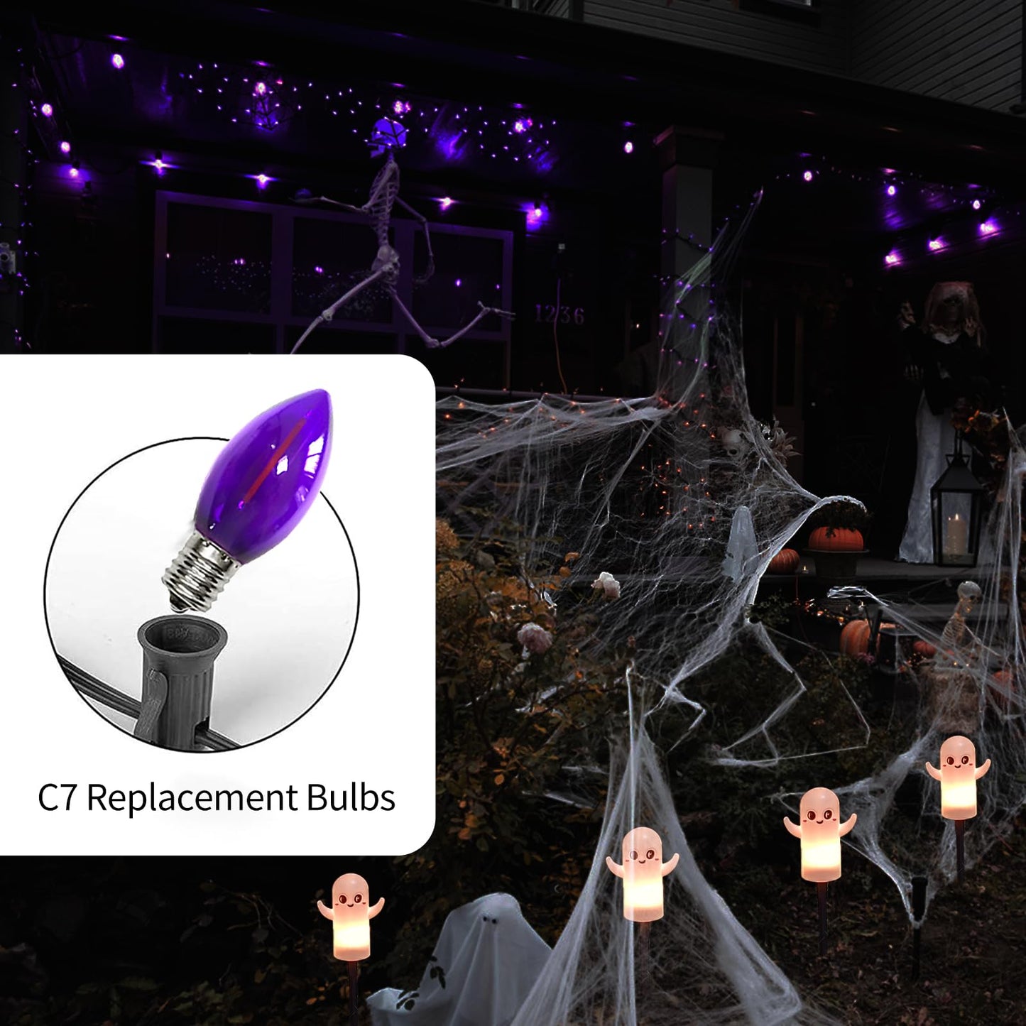 CHYParty 25 Pack C7 Replacement Bulbs, Dark Purple LED Halloween Light Bulbs for Outdoor String Lights, Patio, Christmas Decor, E12 Candelabra Base, Waterproof, Energy-Saving
