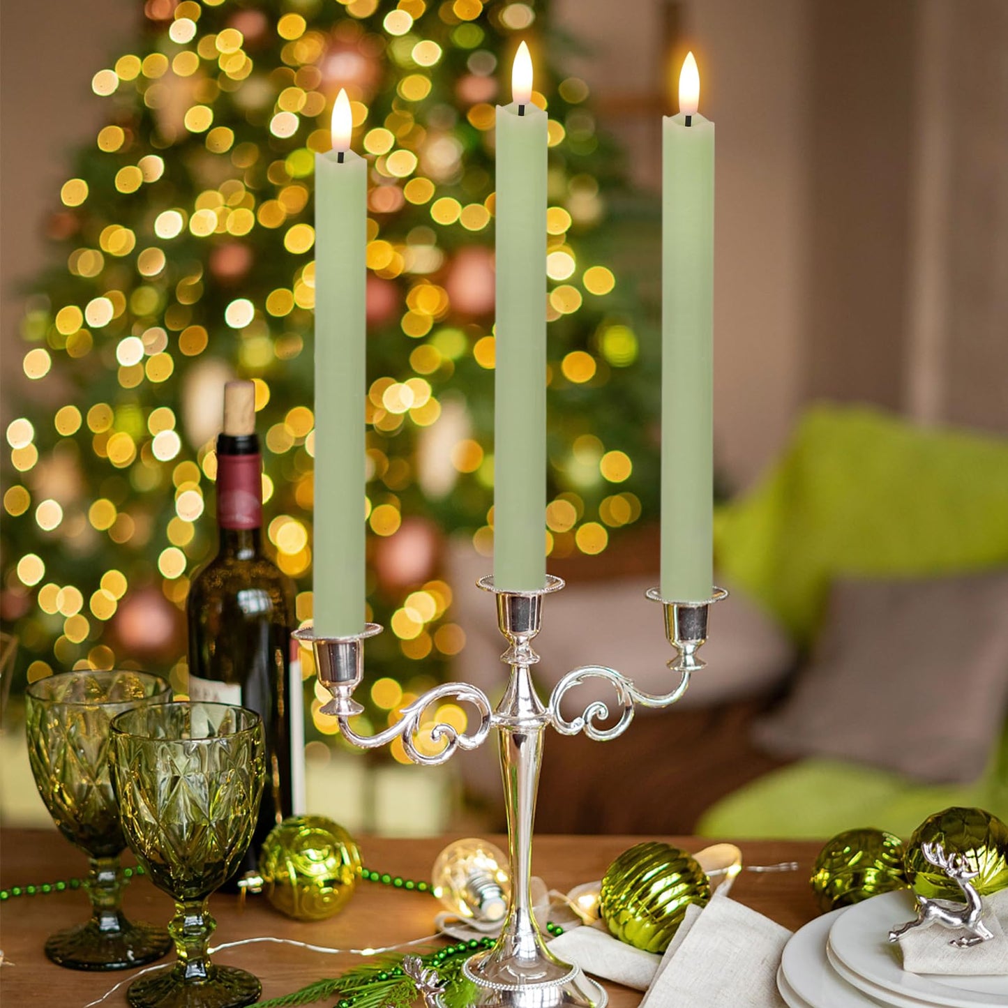 GenSwin Flameless Green Taper Candles Flickering with 10-Key Remote, Battery Operated Led Warm 3D Wick Light Window Candles Real Wax Pack of 6, Christmas Home Wedding Decor(0.78 X 9.64 Inch)