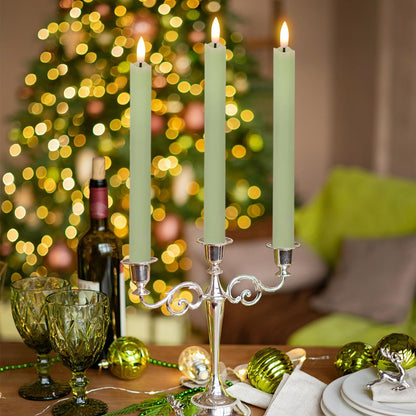 GenSwin Flameless Green Taper Candles Flickering with 10-Key Remote, Battery Operated Led Warm 3D Wick Light Window Candles Real Wax Pack of 6, Christmas Home Wedding Decor(0.78 X 9.64 Inch)